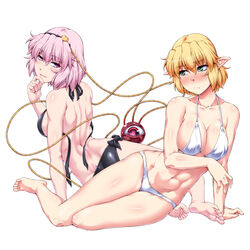 2girls abs big_breasts bikini black_hairband blonde_hair blush breasts curvy female female_focus female_only green_eyes humanoid looking_at_viewer mizuhashi_parsee multiple_girls ootsuki_wataru pink_eyes pink_hair pointy_ears satori_komeiji smug swimsuit tagme thick_thighs toned toned_female touhou