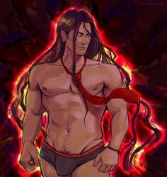 1boy black_underwear body_hair briefs buff bulge danganronpa danganronpa_(series) danganronpa_3 izuru_kamukura jingle_brained long_hair long_hair_male male male_only shirtless shirtless_(male) smooth_skin solo solo_male tie underwear