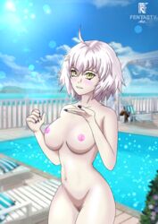 eyelashes fate/grand_order fate_(series) female fentastyart jeanne_alter large_breasts nail_polish nude pale_skin solo swimming_pool white_hair yellow_eyes