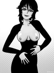 1girls areolae bare_breasts big_breasts black_and_white black_clothing black_dress black_hair breasts breasts_exposed breasts_out clothing dark_hair dress female female_only hands large_breasts lipstick looking_at_viewer mostly_clothed nipples shiny_breasts short_hair smile snailshu solo solo_female watermark white_background white_pupils