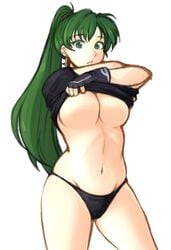 1girls absurdres bare_midriff bare_thighs belly black_panties black_underwear breasts chubby chubby_female clothes_lift covering earrings female female_only fingerless_gloves fire_emblem fire_emblem:_the_blazing_blade gloves green_eyes green_hair highres human human_only inferior_version jewelry large_breasts light-skinned_female light_skin long_hair looking_at_viewer lyn_(fire_emblem) midriff navel nintendo panties ponytail shirt_lift shirt_up slightly_chubby solo stomach surprised taking_clothes_off thick thick_thighs thighs tridisart underboob underwear undressing white_background