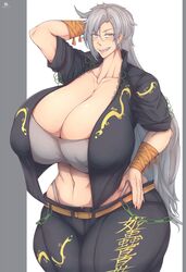 arm_guards bandage bandages belt belt_buckle black_jacket black_shirt blush blushing chain chains elun_(meido) grey_eyes grey_hair grey_panties grey_sports_bra grey_tank_top grey_thong grey_underwear hand_on_head hand_on_hip hands_behind_head himemushi_momoyo huge_breasts jacket japanese_text looking_at_viewer messy_hair muscular_female panties panties_visible_through_clothing pants piercing ring rings shark_teeth sharp_teeth shirt spiked_hair sports_bra tank_top thong touhou underwear