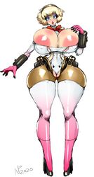 2020 2020s aegis_(persona) aigis_(persona) atlus bimbo bimbo_robot_girl bimbofication blonde_hair blue_eyes breast_expansion breasts cleavage female female_only femsub gausscannon gynoid happy_trance headband headphones high_heels huge_breasts large_lips lipstick makeup nipples persona persona_(series) persona_3 robot sega solo solo_female transformation