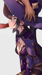 1boy 1girls arm_support bangs big_eyes black_hair blowjob blue_eyes blunt_bangs blush breasts censored censored_penis cleavage cleavage_cutout collar cum cum_in_mouth cum_inside cumshot earrings eyelashes feet_out_of_frame fellatio female female_focus genshin_impact gloves grey_background hair_between_eyes hair_ornament hat hi_res high_resolution highres hizake jewelry kashu_(hizake) leotard light-skinned_female light_skin long_hair looking_at_penis male medium_breasts mona_(genshin_impact) mosaic_censoring oral oral_sex penis plain_background sex side_view sidelocks simple_background sitting source_request stockings swallowing sweatdrop thin_waist tied_hair twintails very_long_hair wide_eyed witch_hat