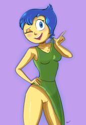 blue_eyes blue_hair bottomless bottomless_skirt disney dress dress_up female female_only hand_on_hip happy humanoid inside_out joy_(inside_out) looking_at_viewer no_panties open_mouth partially_clothed pixar presenting_pussy pussy simple_background sleeveless sleeveless_dress smile solo stewsspicyblog vagina wink winking winking_at_viewer yellow_skin