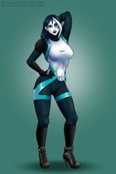 1girls arm_behind_head belt big_breasts black_boots black_lips blue_eyes blue_hair boots breasts clothed clothed_female clothing dark_hair domino_(fortnite) domino_(marvel) female fortnite gloves hand_on_hip high_heels hips homo_superior legs marvel marvel_comics mutant neena_thurman pale-skinned_female pale_skin pose posing shoulder_pads simple_background solo_female thighs tight_clothes tight_clothing tyrana white_body white_skin wide_hips x-force