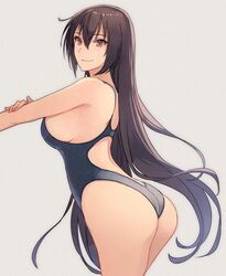 1girls ass black_hair black_swimsuit female female_focus female_only kantai_collection kasumi_(skchkko) long_hair looking_at_viewer looking_back nagato_(kantai_collection) red_eyes simple_background smile smiling_at_viewer solo solo_female solo_focus stretching swimsuit thighs very_long_hair