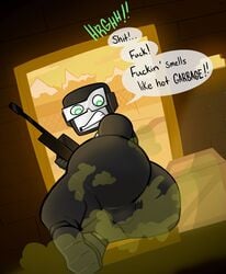 1boy ass balls big_ass cafebrappe clenched_teeth clothed clothing dialogue english_text fart fart_cloud fart_fetish farting fully_clothed gun hi_res looking_back male male_only newgrounds rear_view sniper_(tankmen) sniper_rifle solo speech_bubble tankmen weapon