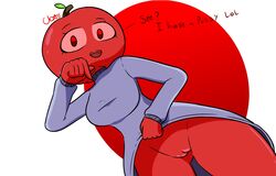 anthro apple ass_visible_through_thighs bottom_view female_focus female_only humanoid looking_at_viewer low-angle_view original_character pussy shirt_lift simple_background sos_or_loss sweater talking_to_viewer thighs