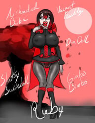 bimbo boots bradtanker3 breasts cape english_text female finger_to_mouth high_heel_boots high_heels hood hyper_bimbo identity_death large_breasts large_lips long_nails multicolored_hair nipple_bulge nipple_piercing nipples piercing ruby_rose rwby thin_waist wide_hips