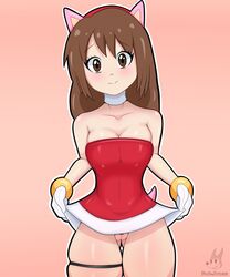 2021 amy_rose amy_rose_(cosplay) bottomless brown_eyes brown_hair bubjones choker colored cosplay dress dress_lift emirichu gloves hedgehog_ears long_hair no_panties pubic_hair pussy red_dress sonic_(series) thick_thighs uncensored youtube youtuber