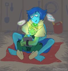 2girls alien biting_lip blue_hair blue_skin blush_lines clothed dialogue embrace feet female gem_(species) green_skin hearts lapis_lazuli_(steven_universe) masturbation peridot_(steven_universe) steven_universe steven_universe_future tablet visor wet_clothes wet_pants wholesome wolftacos yellow_hair yuri