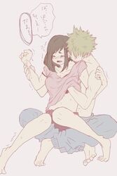 biting_shoulder blush breasts female hand_on_breast hickey_marks katsuki_bakugou male my_hero_academia ochako_uraraka sitting_on_lap straight