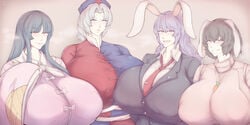 4girls :3 bunny_ears eirin_yagokoro elun_(meido) fang gigantic_breasts kaguya_houraisan nipple_bulge reisen_udongein_inaba tewi_inaba touhou