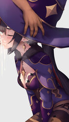 1boy 1girls after_fellatio after_oral after_sex arm_support bangs big_eyes black_hair blowjob blunt_bangs blush breasts censored censored_penis cleavage cleavage_cutout closed_eyes collar cum cum_drip cum_in_mouth cum_in_throat cum_inside cum_out_nose cum_string cum_trail cumdrip cumshot deepthroat earrings eyelashes feet_out_of_frame fellatio female female_focus genshin_impact gloves grey_background hair_between_eyes hair_ornament hat head_grab hi_res high_resolution highres hizake jewelry kashu_(hizake) leotard light-skinned_female light_skin long_hair male medium_breasts mona_(genshin_impact) mosaic_censoring oral oral_sex penis petite plain_background sex side_view sidelocks simple_background sitting source_request stockings swallowing teenager thin_waist throat_bulge throat_fuck tied_hair twintails very_long_hair wide_eyed witch_hat