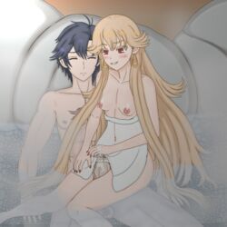 1boy 1girls big_penis censored closed_eyes cum_on_hand eiyuu_densetsu female_domination hot_spring petite rean_schwartzer red_eyes roselia_millstein_(sen_no_kiseki) sen_no_kiseki small_breasts thechad thigh_sex towel very_long_hair