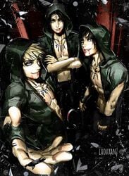 3boys abs bela_(resident_evil) blood cassandra_(resident_evil) daniela_(resident_evil) genderswap gloves goth gothic open_shirt resident_evil resident_evil_8:_village rule_63 smug vampires