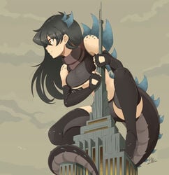 1girls 2021 big_breasts black_hair breasts elbow_gloves empire_state_building giantess godzilla:_the_series godzilla_(series) high_heel_boots humanized kaiju kaiju_girl kaiju_girls_(webcomic) monster_girl ncmares raps scarf shorts solo solo_female tail underboob yellow_eyes zilla zilla_jr.