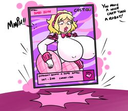 1girls aegis_(persona) aigis_(persona) alternate_breast_size bimbo bimbofication blonde_hair blue_eyes breast_expansion breasts card card_game erect_nipples female human_to_inanimate hyper hyper_breasts inanimate_object inanimate_transformation large_breasts lewdsona magic nipple_bulge persona persona_3 petrification short_hair smile text transformation transformation_(object)