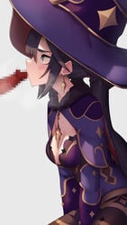 1boy 1girls arm_support bangs big_eyes black_hair blowjob blue_eyes blunt_bangs blush breasts censored censored_penis cleavage cleavage_cutout collar earrings eyelashes feet_out_of_frame fellatio female female_focus genshin_impact gloves grey_background hair_between_eyes hair_ornament hat hi_res high_resolution highres hizake jewelry kashu_(hizake) leotard light-skinned_female light_skin long_hair looking_at_partner male medium_breasts mona_(genshin_impact) mosaic_censoring oral oral_sex penis sex side_view sidelocks simple_background sitting source_request stockings sweatdrop thin_waist tied_hair twintails very_long_hair wide_eyed witch_hat