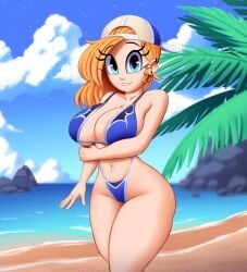 1girls baseball_cap beach bikini blonde_hair blue_eyes blue_swimsuit cassidy_(saymanart) cute ear_piercing female female_only midriff orange_hair original saymanart solo solo_female thick_thighs wide_hips