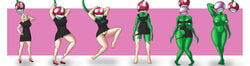 ass_expansion bimbo bimbofication breast_expansion breasts clothing eye_skin_color_change female full_body green_skin hair_loss huge_breasts identity_death lip_expansion mario_(series) navel nipples piranha_plant plant_girl plant_humanoid plant_transformation simple_background standing thick_thighs transformation transformation_sequence wide_hips