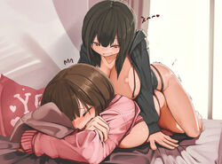 2girls arm_support ass black_hair blanket blush breasts brown_hair closed_eyes dildo genek hood hood_down hoodie large_breasts looking_at_another multiple_girls open_clothes original panties pillow sex_toy smile strap-on underwear window yes-no_pillow yuri