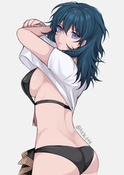 absurdres akn_646 alternate_costume arms_up ass bangs bikini black_bikini black_swimsuit blue_eyes blue_hair breasts byleth_(fire_emblem) byleth_(fire_emblem)_(female) clothes_lift commentary cowboy_shot female female fire_emblem fire_emblem:_three_houses fire_emblem_heroes grey_background hair_between_eyes highres large_breasts lipstick long_hair looking_at_viewer medium_hair nintendo shimizu_akina shirt shirt_lift short_sleeves sideboob simple_background solo standing swimsuit taking_clothes_off twitter_username undressing white_background white_shirt white_skin