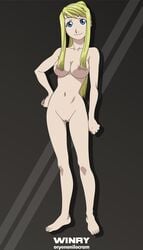 1girls barefoot big_breasts blonde_hair blue_eyes breasts busty completely_nude female female_only fullmetal_alchemist looking_at_viewer naked nipples nude nude_female oryononilocram pussy shaved_pussy smile smiling_at_viewer solo solo_female vagina winry_rockbell