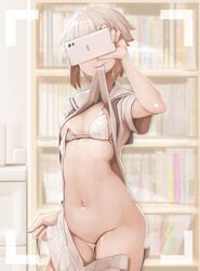 bikini bookshelf breasts camera_phone cellphone female genek indoors lifted_by_self mirror mouth_hold navel original phone self_shot short_hair skirt skirt_removed small_breasts swimsuit