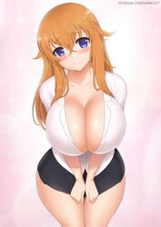 bending_over big_breasts blonde_hair blue_eyes blush busty cleavage curvy cute huge_breasts kainkout large_breasts leaning_forward miniskirt original skirt smile thick thick_thighs voluptuous wide_hips