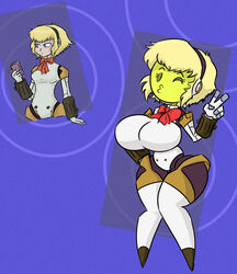 :3 aegis_(persona) aigis_(persona) ass_expansion bimbo bimbofication blonde_hair blue_eyes breast_expansion breasts colored devil emoji emoji_(race) emojification female female_only huge_ass latex parody persona persona_3 phone shin_megami_tensei solo solo_female transformation transformed wide_hips