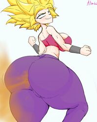 1girls adomo ass atomboi_(artist) breasts caulifla dragon_ball dragon_ball_z embarrassed fart fart_cloud fart_everywhere fart_fetish farting full_of_gas gassy huge_ass muscular no_eyewear super_saiyan thick_thighs yellow_hair