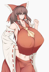 brown_hair detached_sleeves elun_(meido) hair_ribbon huge_breasts nipple_bulge red_eyes reimu_hakurei touhou