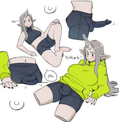 1futa balls big_balls big_breasts black_fingernails blush breasts bulge clothed clothing dickgirl ear_piercing erection erection_under_clothes fully_clothed futa_only futanari green_hoodie grey_hair hoodie horn humanoid humanoid_penis long_ears midriff ohasi oni oni_(ohasi) oni_horns penis pointy_ears shirt solo standing