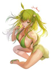 ^^^ absurdres ahoge animal_hair_ornament bangs bare_shoulders between_legs bikini blush bra breasts cigarette cleavage collarbone dolphin_shorts eyebrows_visible_through_hair eyelashes fangs female full_body green_bikini green_bra green_eyes green_hair green_nails hair_between_eyes hair_ornament hand_between_legs highres large_breasts leaf leaf_on_head lighter long_hair looking_at_viewer mouth_hold nail_polish navel open_mouth original sandals short_shorts short_twintails shorts sitting skindentation smoke smoking solo sports_bra sportswear swimsuit toenail_polish tokkihouse twintails underwear white_background