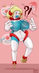 aegis_(persona) aigis_(persona) balloon big_breasts bimbo bimbofication blonde_hair blue_eyes breast_expansion breasts clown clown_nose clownification collar digital_media_(artwork) female female_only honk inanimate inanimate_transformation latex massive_breasts megami_tensei monstermasher persona persona_3 polka_dots rainbow red_nose rubber simple_background solo solo_female tights topless transformation transformation_(object) transformed