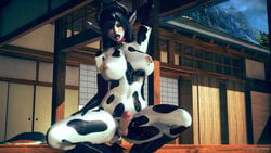 3d 3d_(artwork) balls big_breasts big_penis black_hair black_lipstick blush boots breasts cow_ears cow_girl cow_horns cow_tail cowbell cum_on_body cum_on_breasts cum_on_upper_body futa_only futanari gloves hard_nipples hips horns humanoid latex_gloves looking_at_viewer milf mod99 nipple_piercing nipples nude pubic_hair red_eyes sitting tongue_out wet