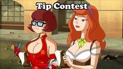 2girls accurate_art_style animated areola_slip areolae big_breasts bodypaint bowtie bra breasts brown_hair bunny_ears bunnysuit bursting_breasts busty chinese_clothes chinese_dress cleavage cleavage_cutout competition contest crop_top daphne_blake daphne_blake_(mystery_incorporated) dress edit elbow_gloves eyewear female female_focus female_only freckles glasses hanna-barbera hourglass_figure large_breasts long_hair micro_bikini money monkeyman_(artist) multiple_girls navel overflowing_breasts pasties pen purple_eyes red_hair scarf scooby-doo scooby-doo!_mystery_incorporated short_hair skimpy skimpy_bikini skimpy_clothes skirt tagme tied_shirt velma_dinkley velma_dinkley_(mystery_incorporated) video