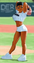 abs arung_samudra_(cessa) baseball_bat baseball_cap cessa dark-skinned_female huge_breasts taut_clothes taut_shirt