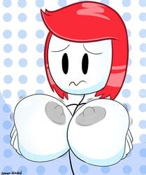 anthro big_breasts breasts damienminded ellie_rose female female_only grey_nipples henry_stickmin_(game) huge_nipples nipples red_hair simple_background solo squeezing_breast stick_figure stickfigure stickman