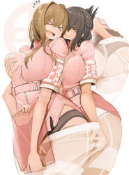 >_< 2girls armband ass ass_grab black_hair black_panties breast_grab breast_press breasts brown_eyes brown_hair chubby genek grabbing groping hair_between_eyes large_breasts multiple_girls nurse original panties pantyhose sheer_legwear underwear uniform white_pantyhose yuri