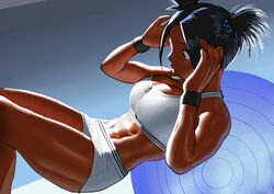 abs arung_samudra_(cessa) cessa dark-skinned_female huge_breasts muscular_female sweat workout