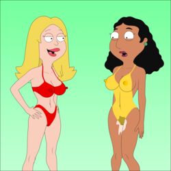 american_dad bikini blonde_hair blonde_hair brown_hair cameltoe francine_smith green_background linda_memari sexfightfun swimsuit wet_pussy yuri