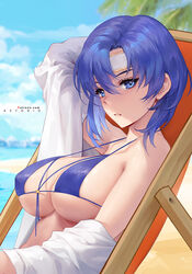 1girls arm_up azto_dio aztodio bangs beach beach_chair bikini blue_background blue_bikini blue_eyes blue_hair blue_sky blurry blurry_background breasts catria_(fire_emblem) cloud female female_only fire_emblem fire_emblem:_mystery_of_the_emblem fire_emblem:_shadow_dragon_and_the_blade_of_light hair_between_eyes headband highres large_breasts looking_at_viewer nintendo ocean on_chair outdoors parted_bangs parted_lips patreon_username shirt short_hair sitting sky solo swimsuit upper_body watermark white_headband white_shirt