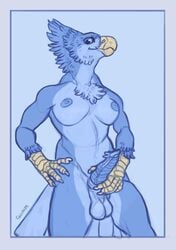 1futa absurd_res anthro avian balls beak blue_balls blue_body blue_eyes blue_nipples blue_penis breasts cryophoenix feathers futanari genitals gynomorph hi_res holding_penis intersex jagal looking_at_viewer lourina_kirinova medium_breasts nipples non-mammal_balls non-mammal_breasts non-mammal_nipples penis solo tail_feathers talons yellow_beak