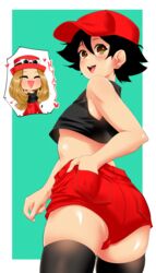 1boy 1futa ass black_hair blush brown_eyes bulge cosplay crossdressing cute femboy futanari girly hat high_resolution human human_only long_hair looking_back male male_focus mambo_ro nintendo pokemon pokemon_(anime) pokemon_xy satoshi_(pokemon) serena_(pokemon) serena_(pokemon)_(cosplay) short_hair shorts skirt smile solo standing thick_thighs thigh_gap thighhighs thumbs_up