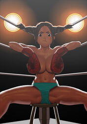 1girls abs arung_samudra_(cessa) boxing boxing_gloves boxing_ring breasts cessa cleavage dark-skinned_female gloves huge_breasts muscular_female nosebleed red_boxing_gloves red_gloves sweat topless