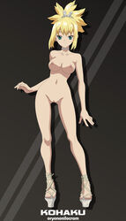 blonde breasts dr.stone feet female frown full_body functionally_nude functionally_nude_female high_heels innie_pussy kohaku_(dr.stone) looking_at_viewer naked_footwear naked_heels naked_with_shoes_on nude oryononilocram pussy standing tagme teal_eyes toes