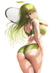 :d absurdres ahoge arm_at_side bangs bare_shoulders big_breasts big_butt blush bra breasts butt cowboy_shot dat_ass dolphin_shorts eyebrows_visible_through_hair female from_behind green_bra green_eyes green_hair green_nails grin hair_between_eyes highres hips holding holding_racket large_breasts leaf leaf_on_head long_hair looking_at_viewer looking_back looking_to_the_side nail_polish navel open_mouth original pale-skinned_female pale_skin pose racket short_shorts short_twintails shorts shoulder_blades sidelocks skimpy smile solo sports_bra sportswear standing teeth tennis tennis_racket thighs tokkihouse twintails underwear white_background